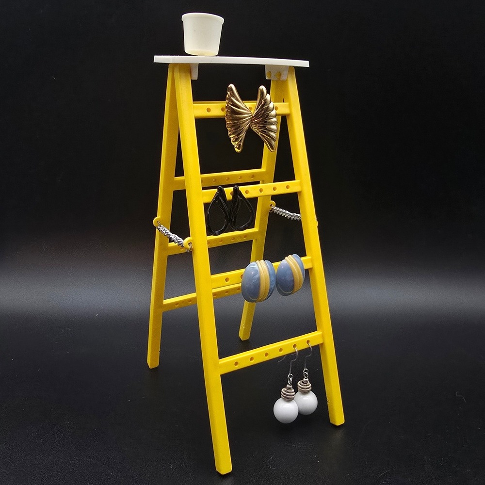 Vintage Yellow Ladder Earring Rack Tree with White Paint Bucket Plastic 1980s